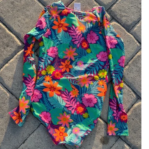 Cat & Jack Girls Tropical Floral Long Sleeve One Piece Rash Guard Swimsuit S 6/7 - Picture 3 of 3